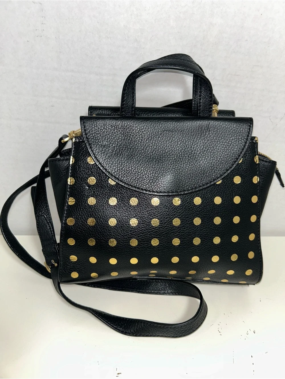 Kate Spade Saturday Black Leather Gold Polka Dot Satchel Crossbody Shoulder Bag